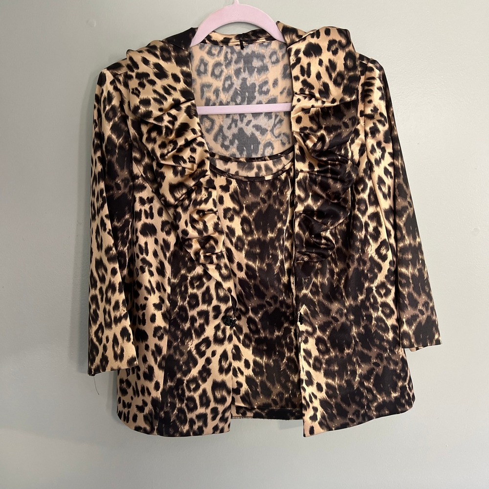 Leopard Print Ruffle Blazer and Tank Top 2-Piece Set Jeweled Toggle Closure